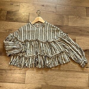 Striped Ruffle Blouse - Black, White, Tan